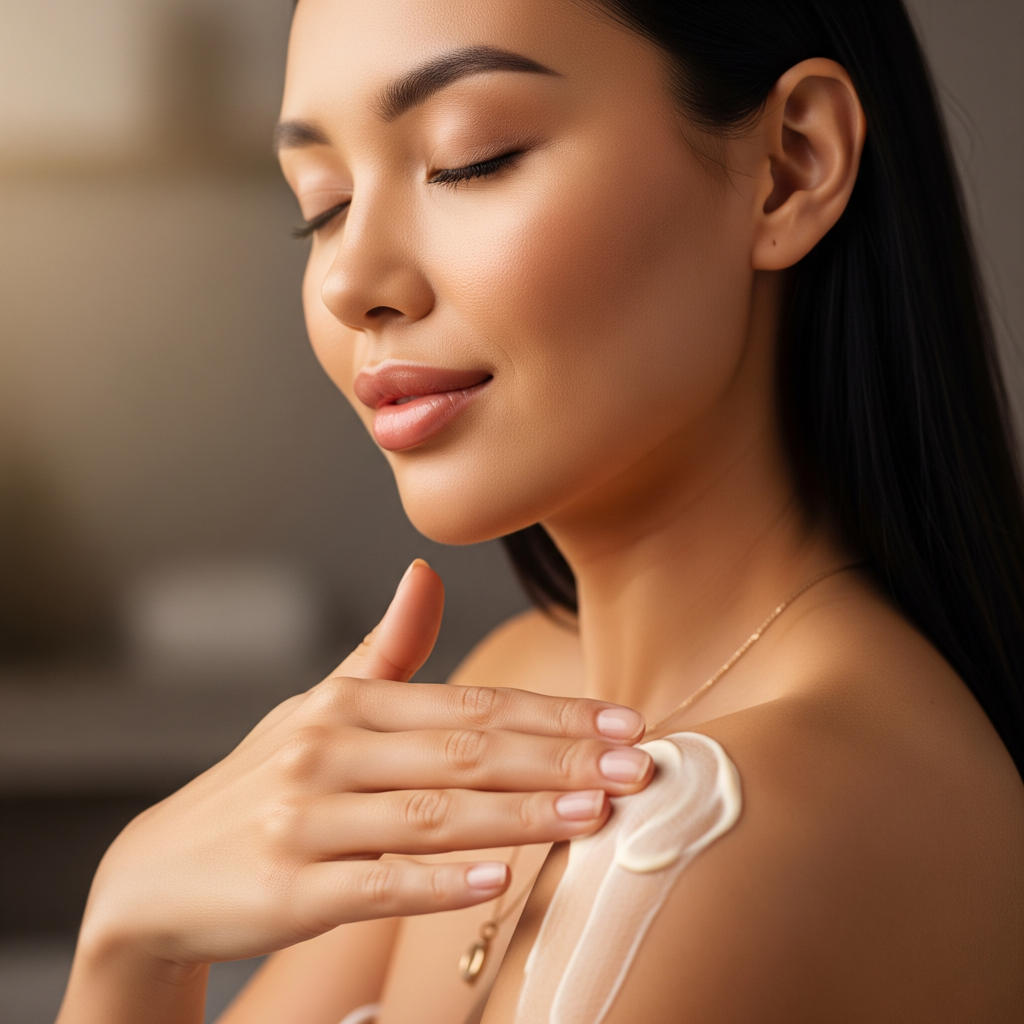 Woman applying body lotion